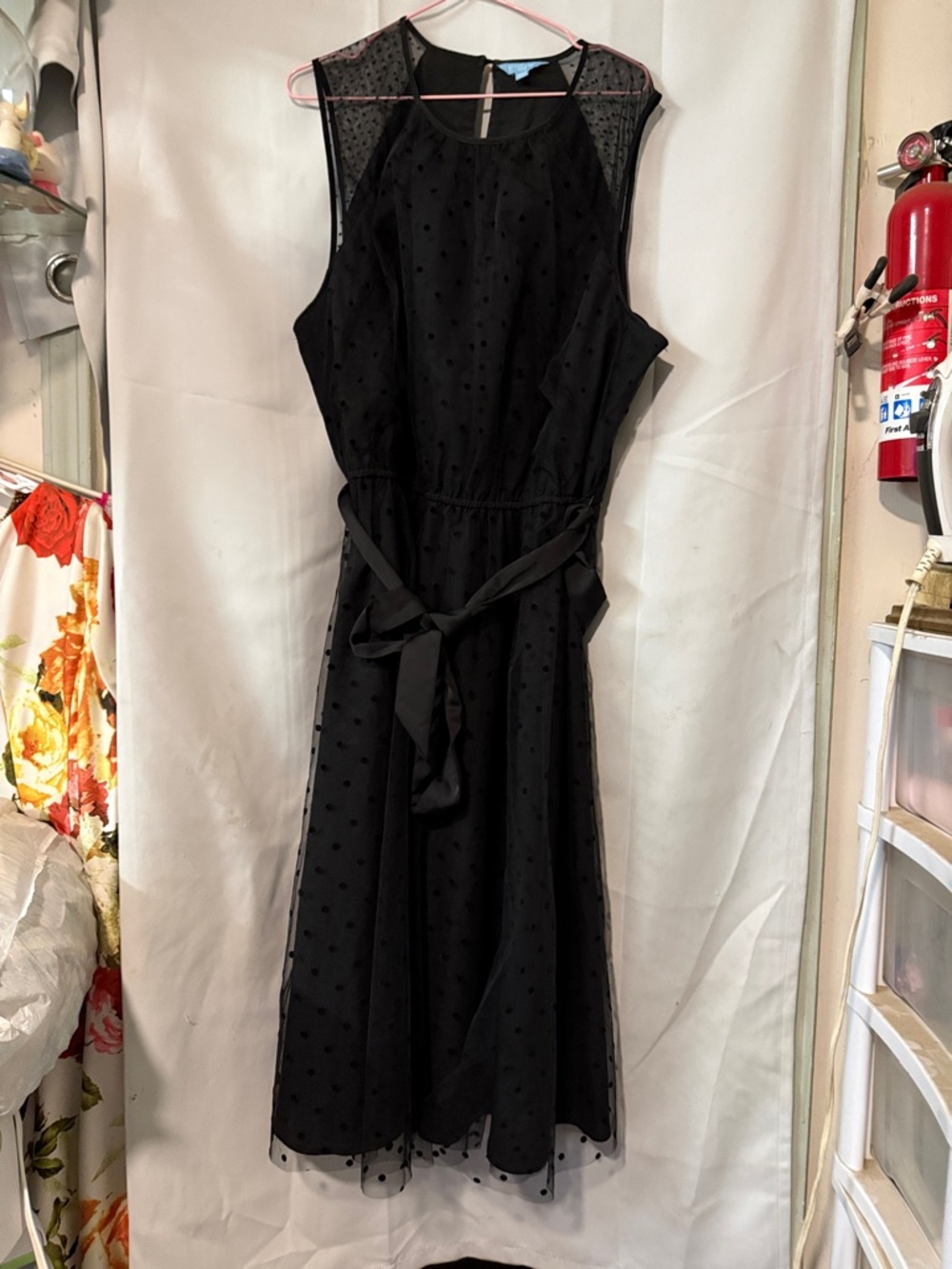 Sleeveless Black Polka Dot Midi Dress with Waist Tie